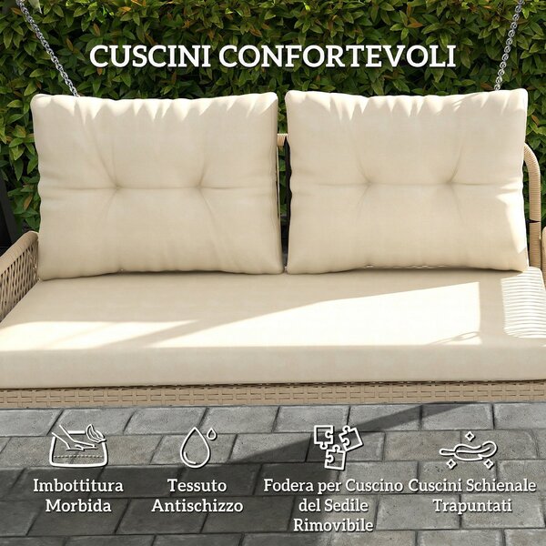 Outsunny Panca Sospesa Esterna a 2 Posti in Resina Intrecciata con Cuscini e Catene in Acciaio, 115x66x44 cm, Beige | Aosom Italy