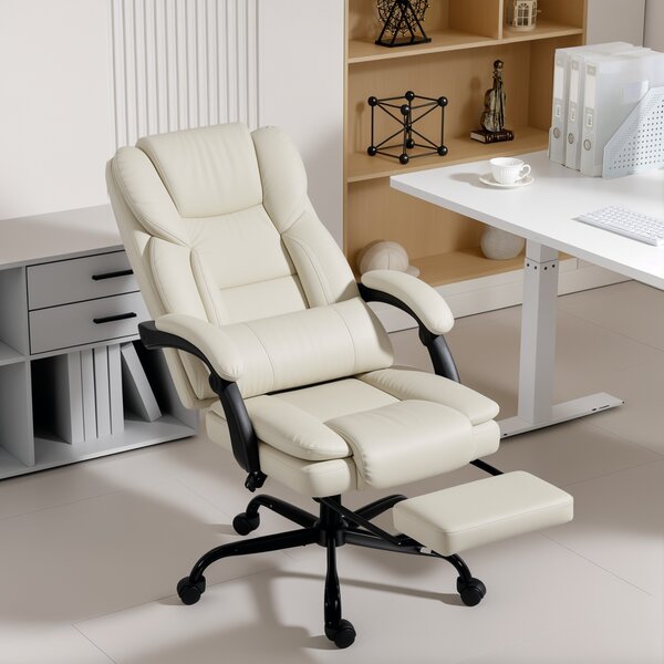 HOMCOM Sedia da ufficio con rivestimento in similpelle, poggiapiedi e ruote, regolabile in altezza, Beige | Aosom Italy
