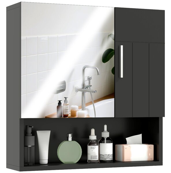Kleankin Armadietto Specchiera Bagno in Legno con Mensole Regolabili e Ripiano Aperto, 54x15.2x55.3 cm, Nero | Aosom Italy