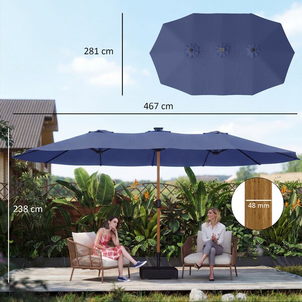 Outsunny Ombrellone Doppio a 12 Stecche con Manovella, Base a Croce e Sacchi di Sabbia, 4.7x2.8 m, Blu Scuro | Aosom Italy