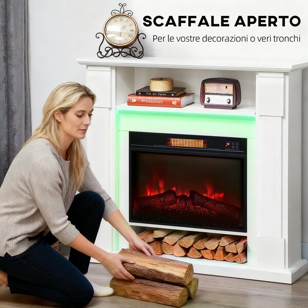 HOMCOM Camino Elettrico 1800W Regolabile con Fiamma 3D, Ripiano, Timer e Telecomando, 105x27x97 cm, Bianco | Aosom Italy