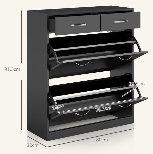 HOMCOM Mobile Scarpiera da 12 Paia con 2 Ripiani Interni Regolabili e 2 Cassetti, in Legno, 80x30x91.5 cm, Nero