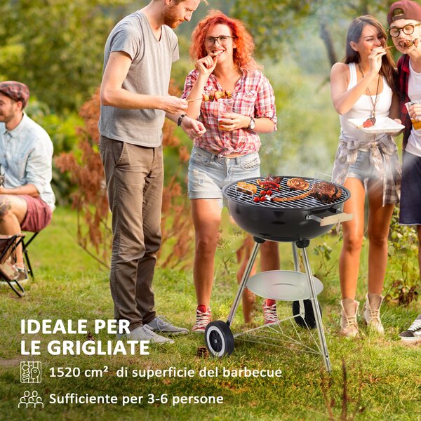 Outsunny Barbecue a Carbonella con Griglia in Acciaio, Coperchio e Prese d'Aria e Ruote, Nero