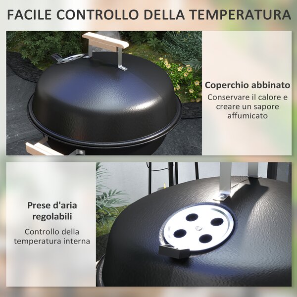 Outsunny Barbecue a Carbonella con Griglia in Acciaio, Coperchio e Prese d'Aria e Ruote, Nero