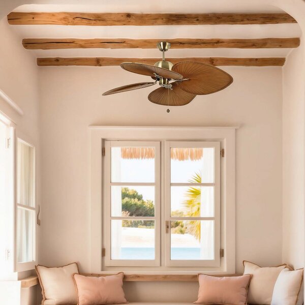 Ventilatore da soffitto Cuba L, Ø 132 cm, a quattro pale, oro antico FARO BARCELONA, Cuba L, Dorato / Ottone, Soggiorno, Plastica