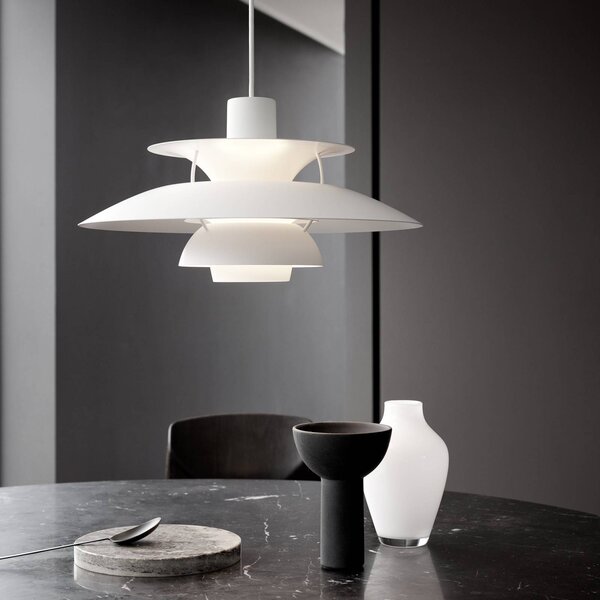 Louis Poulsen Lampada a sospensione PH 5 500, dimmerabile, Bianco / Opale, Soggiorno / Sala da pranzo, Alluminio, Design, Lampada a sospensione