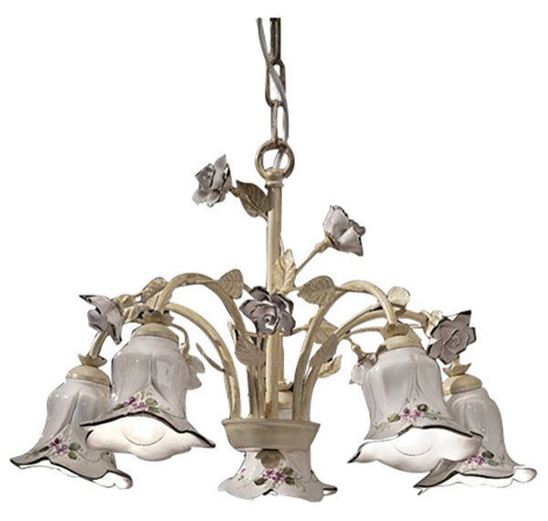 Lampadario 5 Luci In Ceramica Colore Bianco Sfumato Oro Diam.50 Cm C1205-5 Pisa