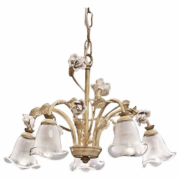 Lampadario 5 Luci In Ceramica Colore Bianco Sfumato Oro Diam.48 Cm C1185 Siena