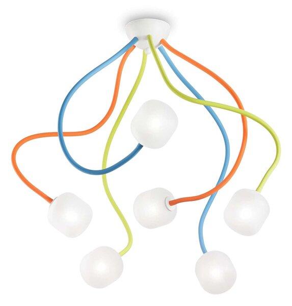 Lampada Da Soffitto 6 Luci Octopus In Gomma Multicolor E Vetro Soffiato Bianco