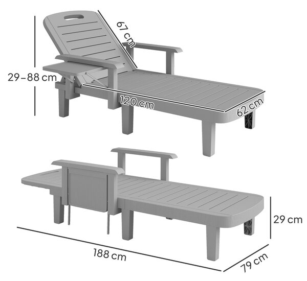 Outsunny Set 2 Sdraio da Giardino Regolabili con Tavolino e Braccioli, in Polipropilene, 79x158x88 cm, Grigio Chiaro