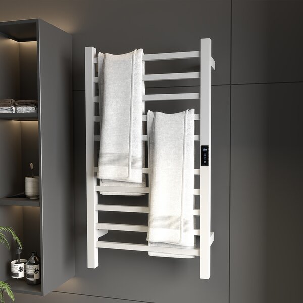 HOMCOM Scaldasalviette Elettrico Smart a 10 Barre con Timer e Display LCD, in Acciaio Inox, 45x11x80 cm, Bianco