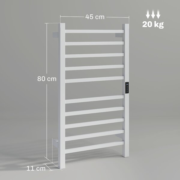 HOMCOM Scaldasalviette Elettrico Smart a 10 Barre con Timer e Display LCD, in Acciaio Inox, 45x11x80 cm, Bianco