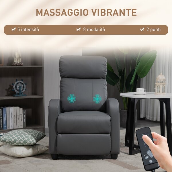 HOMCOM Poltrona Relax Massaggiante con 8 Modalità e 5 Intensità, Poltrona Reclinabile con Poggiapiedi e Telecomando, Similpelle PU, Grigio|Aosom
