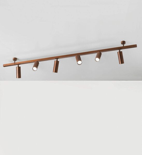 Cremasco Plafoniera 7535, legno brunito, a 6 luci, GU10 dimmerabile, Legno scuro, Soggiorno / Sala da pranzo, Ottone, Moderno, Downlight