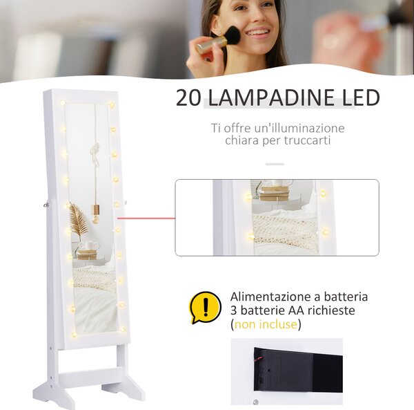 Homcom Armadio Specchio Portagioie Organizzatore per Gioielli Bloccabile con 20 Luci LED, Bianco, 40x37x146 cm|Aosom