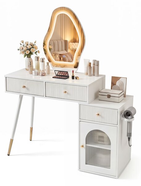Costway Toeletta trucco con specchio e luci led con mobile 3 cassetti e porta-asciugacapelli, Toeletta da trucco per camera da letto e soggiorno
