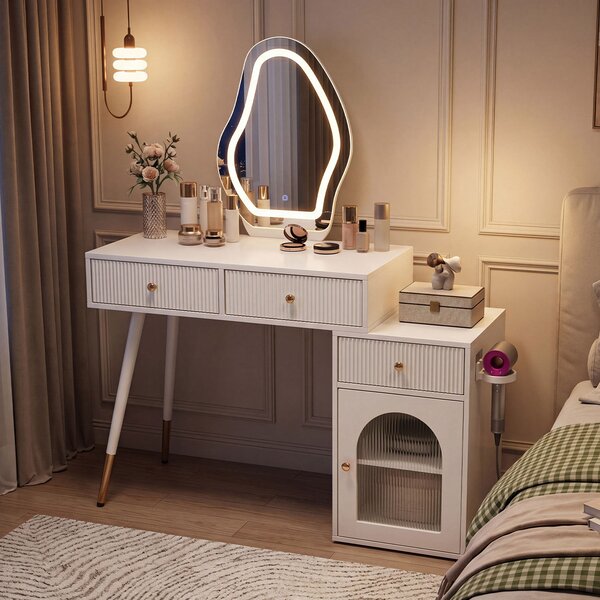 Costway Toeletta trucco con specchio e luci led con mobile 3 cassetti e porta-asciugacapelli, Toeletta da trucco per camera da letto e soggiorno
