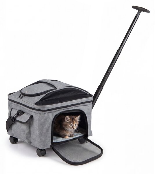 Costway Trasportino per gatti e cani con manico telescopico con tappetino lavabile finestra in rete apribile, Borsa trasportino pieghevole con ruote scorrevoli