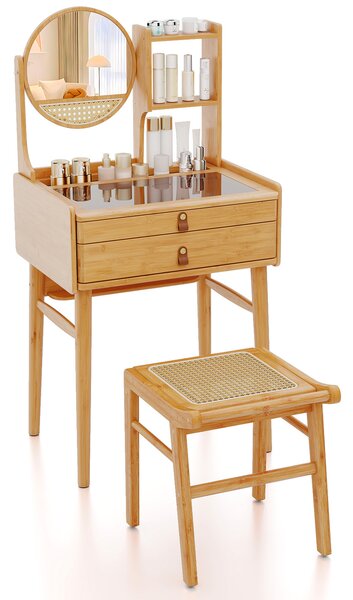 Costway Sgabello vanity in bambù e scrivania vanity piccola, Sgabello per trucco e tavolo in bambù per spazi piccoli Naturale