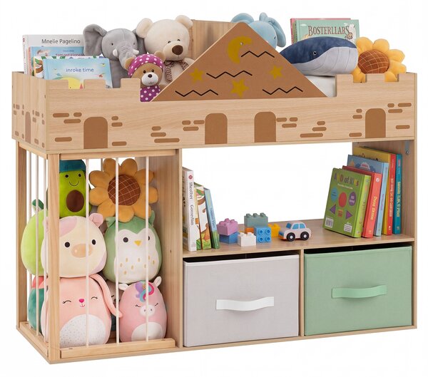 Costway Libreria montessoriana per bambini forma a castello con scomparti aperti 2 cassetti in tessuto, Organizer giochi con corda elastica