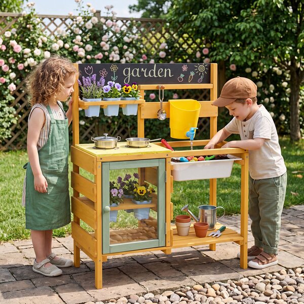 Costway Cucina giocattolo per bambini da esterno con fornelli lavagna serbatoio rubinetto e lavello rimovibile, Cucinetta in legno per bambini 3+ anni