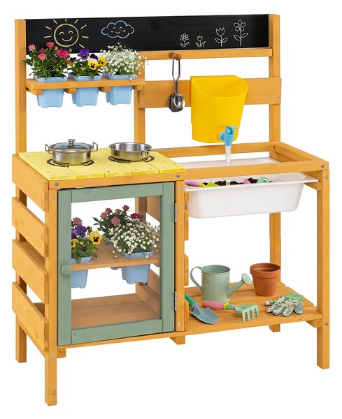 Costway Cucina giocattolo per bambini da esterno con fornelli lavagna serbatoio rubinetto e lavello rimovibile, Cucinetta in legno per bambini 3+ anni