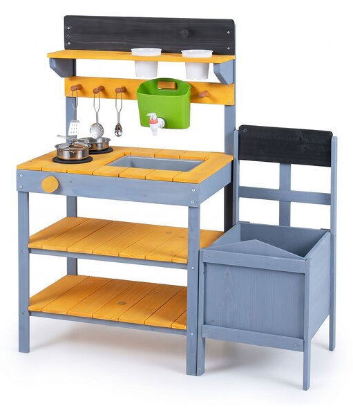 Costway Cucina per bambini in legno con fioriera padella serbatoio lavello 2 vasi di fiori 3 ripiani aperti, Cucina di fango da esterno con accessori per cucinare