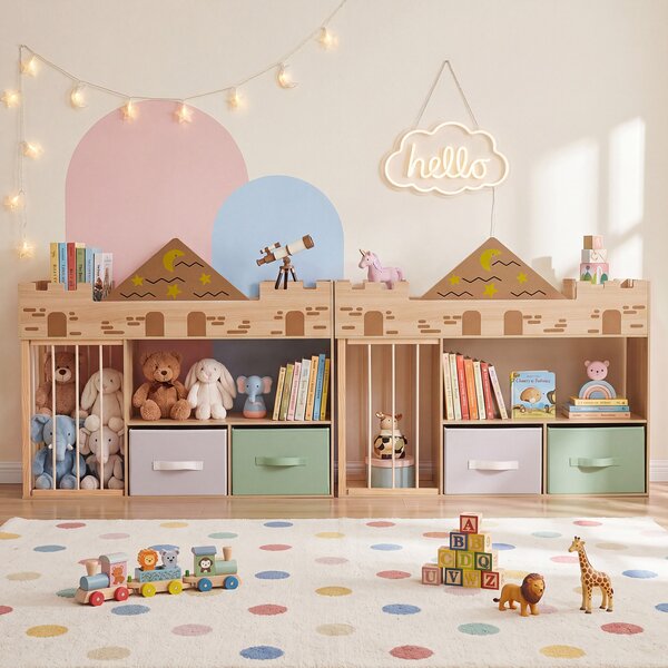 Costway Libreria montessoriana per bambini forma a castello con scomparti aperti 2 cassetti in tessuto, Organizer giochi con corda elastica