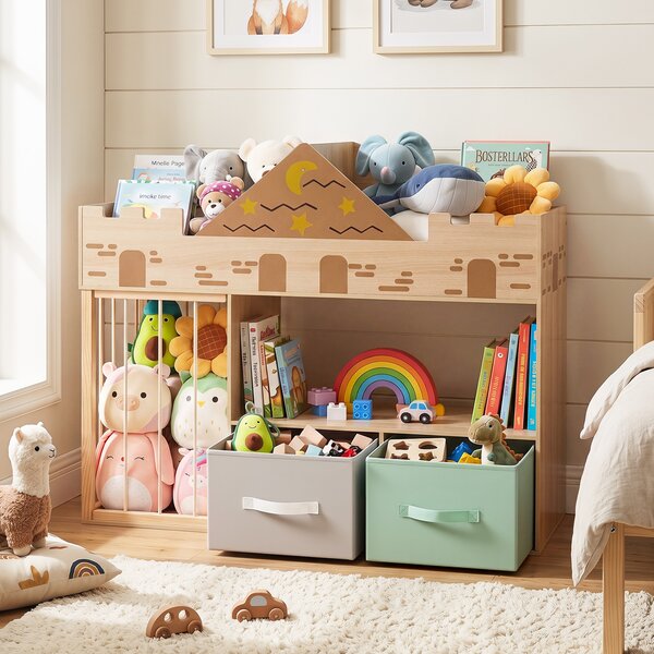 Costway Libreria montessoriana per bambini forma a castello con scomparti aperti 2 cassetti in tessuto, Organizer giochi con corda elastica