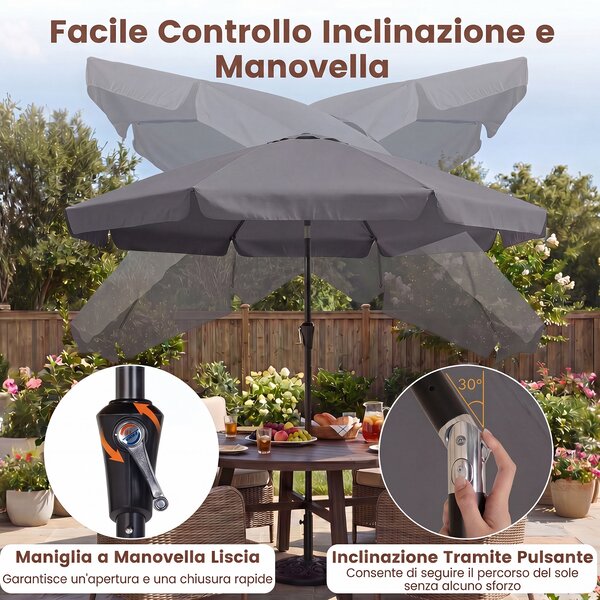 Costway 286 cm Ombrellone da giardino con elegante bordo arricciato 8 stecche, Ombrellone da spiaggia angolo regolabile Grigio