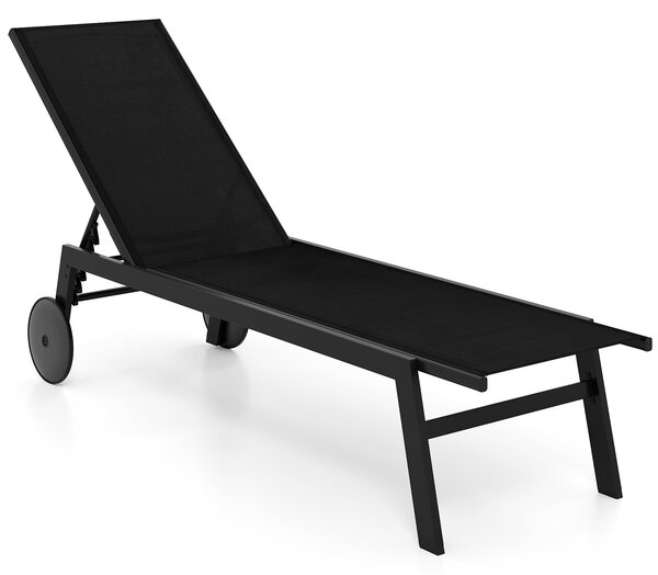 Costway Sdraio patio ruote poltrona reclinabile 6 posizioni schienale regolabile, Sdraio tessuto traspirante prendisole piscina terrazza giardino Nero