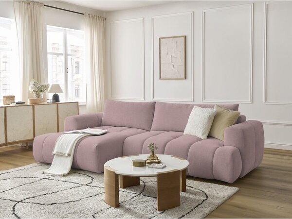 Divano angolare rosa allungabile e con contenitore (penisola a sinistra/chaise lounge) con rivestimento in ciniglia Fuji – Bobochic Paris