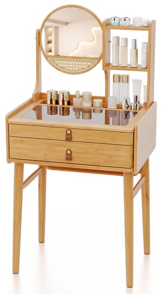 Costway Scrivania vanity piccola con ripiani aperto e piano in vetro, Tavolo in bambù per spazi piccoli Naturale