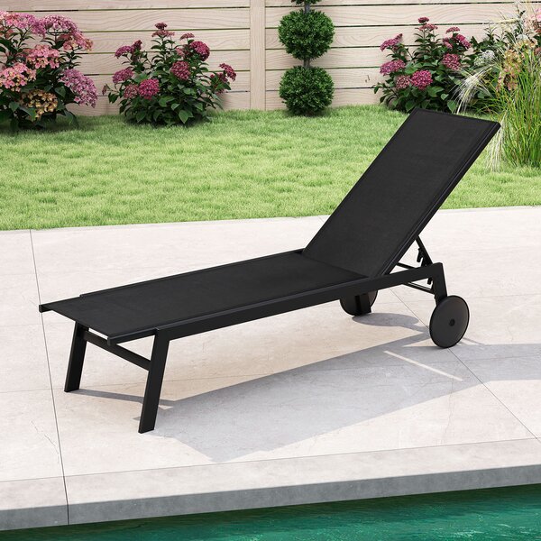 Costway Sdraio patio ruote poltrona reclinabile 6 posizioni schienale regolabile, Sdraio tessuto traspirante prendisole piscina terrazza giardino Nero