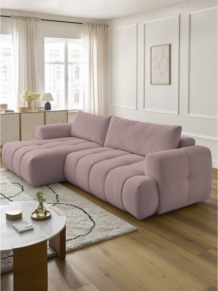 Divano angolare rosa allungabile e con contenitore (penisola a sinistra/chaise lounge) con rivestimento in ciniglia Fuji – Bobochic Paris