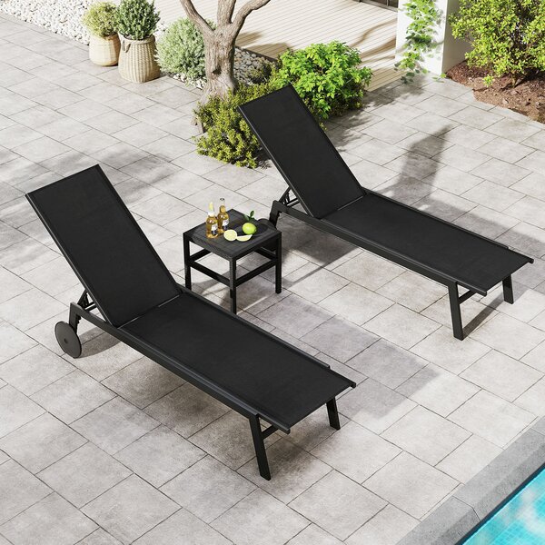 Costway Sdraio patio ruote poltrona reclinabile 6 posizioni schienale regolabile, Sdraio tessuto traspirante prendisole piscina terrazza giardino Nero