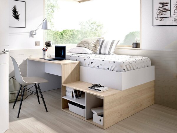 Composizione camera da letto Argh, 195x134h73 cm, Bianco e Rovere