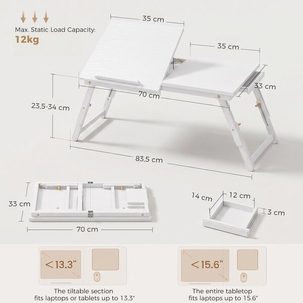 HOMCOM Tavolino da letto pieghevole e regolabile con piano inclinabile per laptop, bianco | Aosom Italy