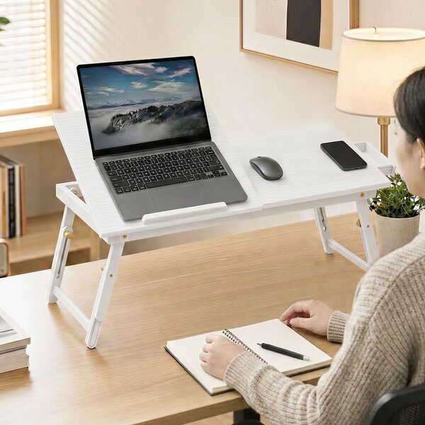 HOMCOM Tavolino da letto pieghevole e regolabile con piano inclinabile per laptop, bianco | Aosom Italy