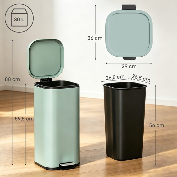 HOMCOM Pattumiera da cucina 30 L a pedale con coperchio soft-close e fermo apertura, verde | Aosom Italy
