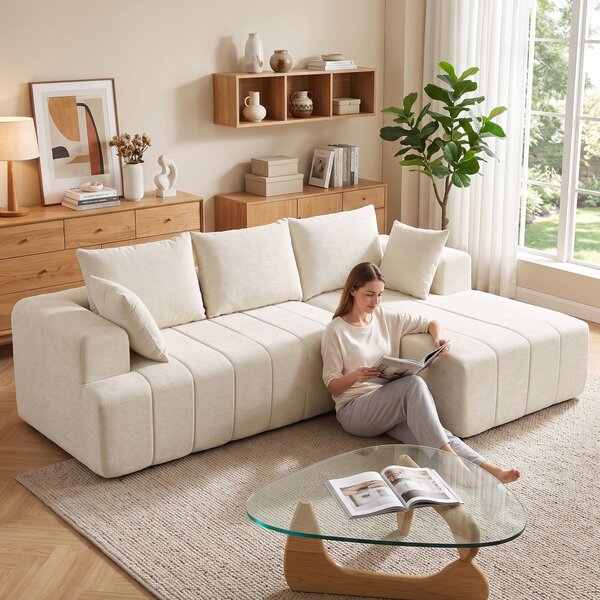 HOMCOM Divano letto angolare 3 posti in ciniglia con penisola, 256 cm, beige | Aosom Italy