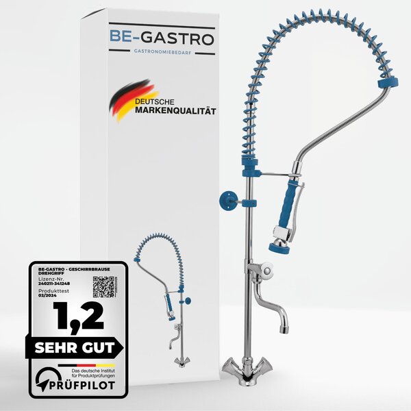 Doccia monocomando per lavello da cucina, con manopola girevole blu, completa di accessori
