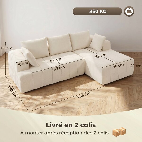 HOMCOM Divano letto angolare 3 posti in ciniglia con penisola, 256 cm, beige | Aosom Italy