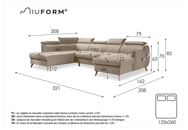 Divano letto angolare in velluto beige a "U" (angolo sinistro) Sweet Harmony - Miuform