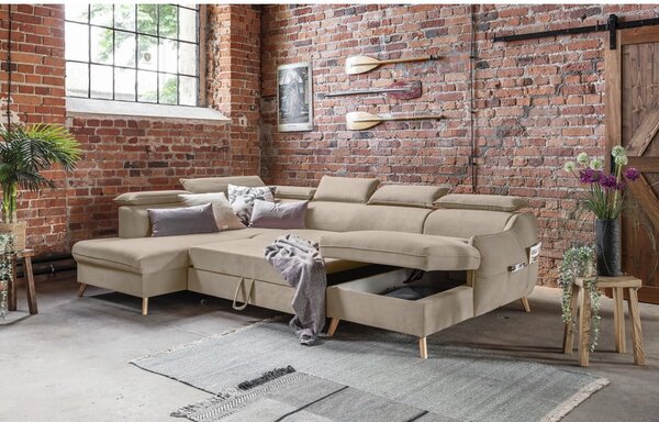 Divano letto angolare in velluto beige a "U" (angolo sinistro) Sweet Harmony - Miuform