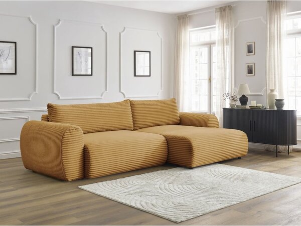 Divano angolare color senape allungabile (con penisola a destra) con rivestimento in velluto a coste Lucien – Bobochic Paris