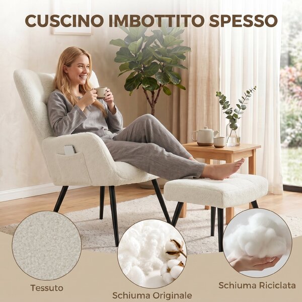 HOMCOM Poltrona con Poggiapiedi in Tessuto Teddy con Schienale Alto Trapuntato, Tasche Laterali, Beige | Aosom Italy