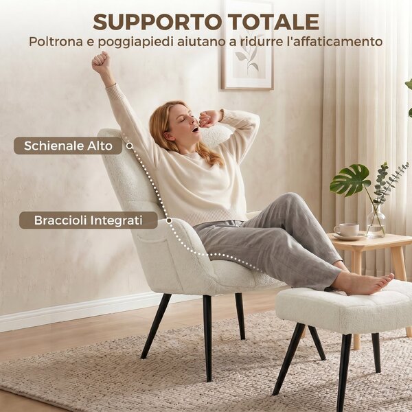 HOMCOM Poltrona con Poggiapiedi in Tessuto Teddy con Schienale Alto Trapuntato, Tasche Laterali, Beige | Aosom Italy