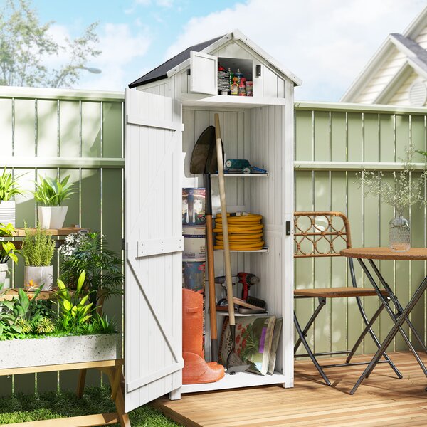 Outsunny Armadio da giardino in legno con 3 ripiani e 2 ante, 77x54x179 cm, grigio chiaro | Aosom Italy