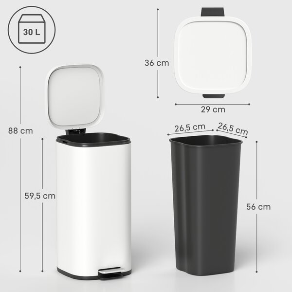 HOMCOM Pattumiera da cucina 30 L a pedale con coperchio soft-close e fermo apertura | Aosom Italy